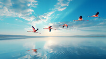 A Flock Of Flamingos Flying Over A Lake, Creating A Splash Of Color Against The Blue Sky.