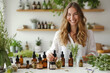 Smiling woman blending essential oils in her workshop, surrounded by plants and bottles, concept of natural skincare production.