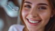 Dentist, mirror and woman check smile after teeth cleaning, braces, and dental consultation. Healthcare, dentistry, and a happy female patient with orthodontist for oral hygiene, wellness and cleaning