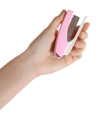 Wall Mural - Woman holding pink stapler on white background, closeup