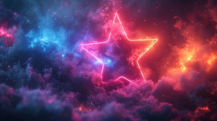 Abstract background, pink blue neon light star frame with copy space, glowing storm clouds, glowing geometric shapes, copy space.