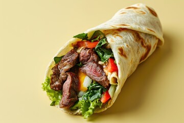 Sticker - A Succulent Steak and Cheese Wrap Presented on a Plain Pastel Background, Perfectly Captured in This Appetizing Food Photography. Ample Copy Space for Culinary Enthusiasts