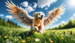 A golden retriever with large feathery wings racing through a lush meadow.