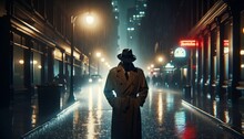 A lone detective in a trench coat under the rain on a city street.