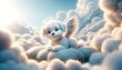 A whimsical animated puppy with angel wings perched on a cloud pillow.