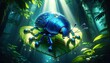 A whimsical animated cobalt blue beetle with a metallic sheen on a leaf in a rainforest.