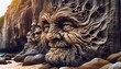 A whimsical, animated artwork of a detailed rock surface on a cliff that resembles the wrinkles and lines of an old face.