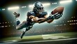 A photo-realistic image of a football player making a diving catch during a game, captured in a medium shot.