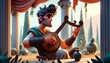 A whimsical, animated-style 2D illustration of Achilles playing the lyre in a serene scene.