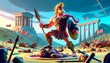 © FantasyLand86 - A whimsical, animated-style 2D illustration of Achilles standing victorious on the battlefield.