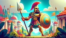 A Whimsical, Animated-style 2D Illustration Of Achilles In His Iconic Armor.
