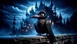 A whimsical animated charcoal-black raven with eyes that gleam in the twilight of a gothic castle.