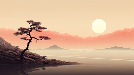 Wall Mural - Minimalist illustration of a tree in a desert-like area with a sunset