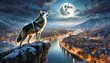 wolf in the night, wolf howling at the moon realistic art in a city illustration background