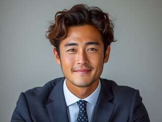 Close up portrait of a happy young businessman smiling at the camera on grey background