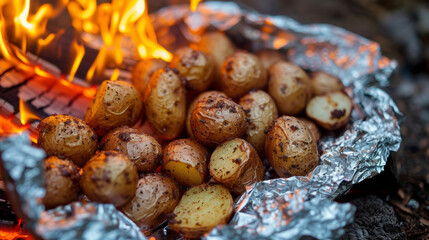 Wall Mural - Take your campfire dinner to the next level with these tender and flavorful potatoes cooked to perfection in foil packets over the warm glow of the campfire.