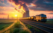 Freight Train Journey at Sunset by Industrial Landscape