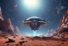 A 3D Animation Style Scene Of A Spaceship Landing On An Alien Planet