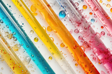 Wall Mural - Chemical test tubes filled with a variety of colorful liquids on white background