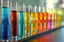 Chemical Test Tubes Filled With A Variety Of Colorful Liquids On Laboratory Background