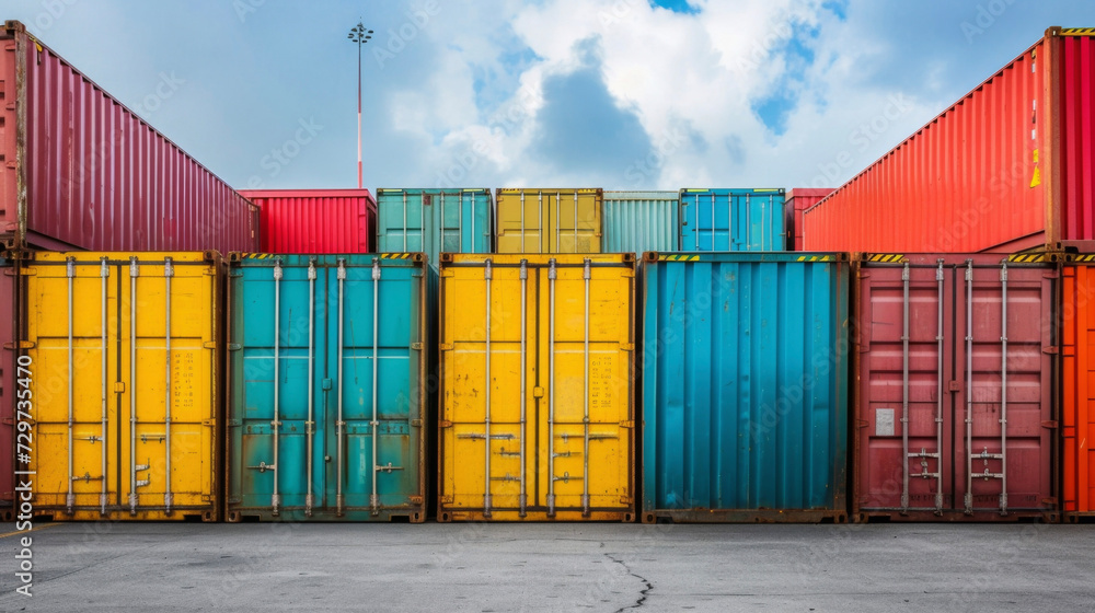 Stacks of colorful shipping containers sit idle at a port highlighting ...