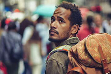 Wall Mural - portrait of ethnic man loaded with luggage surrounded by people going for a journey or migration