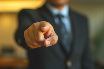 A Professional Gesture,Businessman pointing at camera in modern office. Closeup of businessman hand pointing at camera.