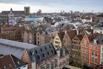 Wall Mural - Beautiful medieval city skyline view of the village building architecture in Brugge Flanders Belgium on a cloudy day