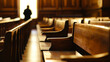 Silhouette of a person standing at the end of a row of empty wooden pews in a church, concept of solitude or prayer, background with a place for text