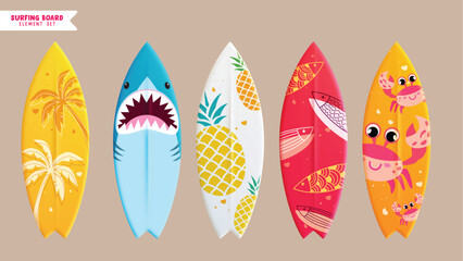 Wall Mural - summer surfboard element vector set. summer surfing board with shark, pineapple, fish and crab patte