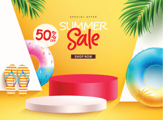 Wall Mural - Summer sale podium vector banner design. Summer special offer text with floaters elements and podium stage for seasonal shopping advertisements. Vector illustration summer sale banner design. 

