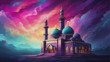 Animated Illustration Of A Magnificent Mosque With Backdrop Of Wavy, Vibrant Colored Clouds