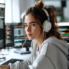Wall Mural - female software engineer reviewing code on a computer screen