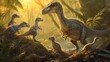 In the soft light of dawn a group of Maiasaura mothers gently nuzzle their newly hatched offspring while others stand guard against potential predators.