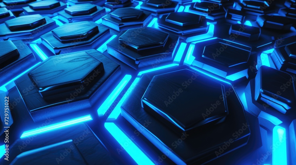 Futuristic hexagonal patterns glow with blue neon lights, creating an ...