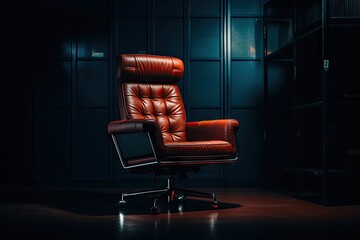a modern comfortable brown leather office chair isolated on a dark green office with lights