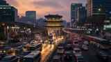 Fototapeta Nowy Jork - Busy traffic at Namdaemun gate in Seoul, South Korea