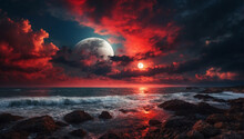 Dramatic Natural Sky, Round Moon On The Sea, Red Clouds