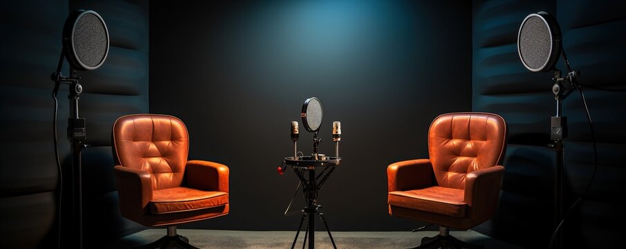 Podcast studio with two chairs, recording with microphones for recording online, live broadcast (1)