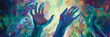Vibrant abstract painting of multiple raised hands in dynamic colors, suggesting concepts of diversity, unity, and celebration, background with a place for text