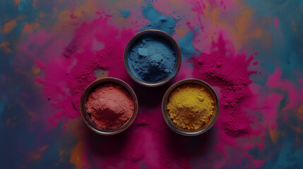 Sticker - Three bowls filled with vibrant red, blue, and yellow powdered colors on a multicolored background, possibly related to the Holi festival, background with a place for text