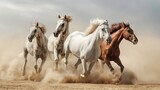 Fototapeta  - Horses with long mane portrait run gallop in desert dust. image of animal. copy space for text.