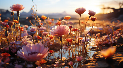 Wall Mural - Tiny wildflowers carpet a field, creating a vibrant and enchanting macro landscape