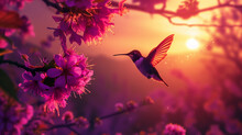 Humming Bird Near Pink Flowers At Sunset With Mountains And Nature In The Distance 