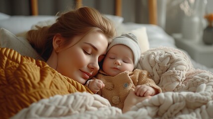 Beautiful young mom and her cute baby in bed, tender scene of a mother and her baby peacefully sleeping together, snuggled under soft blankets in a cozy bed, with the mother's protective embrace