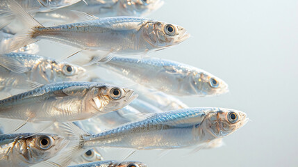 Canvas Print - A school of shiny silver anchovies, with their bodies reflecting light.