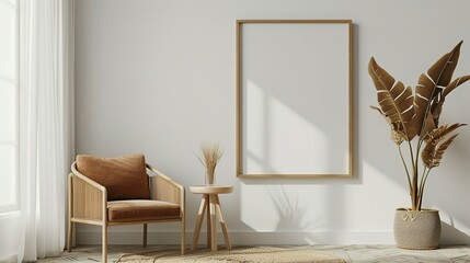 Wall Mural - Minimalist composition of living room with brown mock up picture frame, plant, retro armchair, dried tropical leaf, decoration and elegant personal accessories in stylish home decor. Template