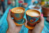 Two hands, grasp two colorful coffee cups, creating a visually appealing composition that captures the essence of shared moments and the comforting warmth of coffee.