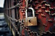 Close-up shot of a sturdy padlock securing an industrial gate, highlighting the intricate details and weathered texture