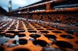 A close-up view of a rusted industrial grate with a blurred background of an abandoned factory under the cloudy sky